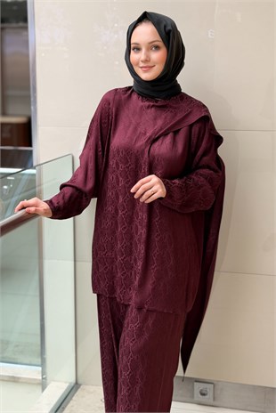 Ghisa Piton Desenli Şal Yaka Tunik Pantolon Takım
