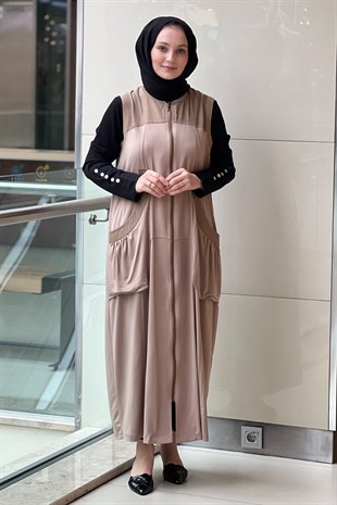 Nurcan Çetin Torba Cepli Palaska Kemerli Fermuarlı Tam Boy Yelek