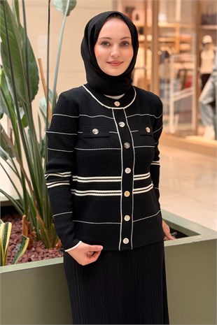 Ghisa Yuvarlak Yaka Yatay Çizgili Önden Çıtçıt Düğmeli Triko Hırka