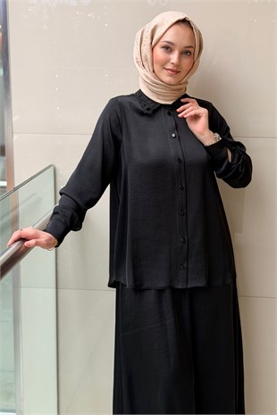 Nurcan Çetin Yakası Lazer Kesim Saten Gömlek Etek Takım