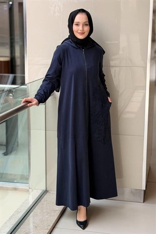 Nurcan Çetin Çıkarılıbilir Kapüşonlu Kabartma Çiçek Desenli Ferace