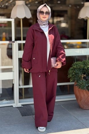 Mahal Vespa Reglan Kol Dik Yaka Fermuarlı Ceket Bol Pantolonlu Takım
