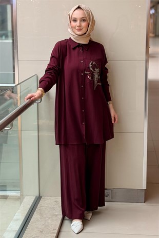 Nurcan Çetin Cepi Çiçek Boncuk Payet işlemeli Gömlek Pantolon Takım