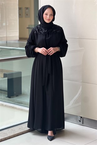 Heddy Omuzları Ve Sırtı İşli İç Elbiseli Abaya