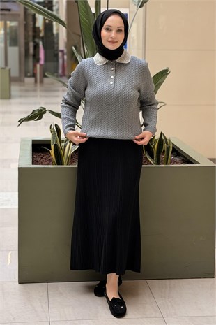 Ghisa Yakası İnci İşlemeli Örgü Desenli Triko Tunik