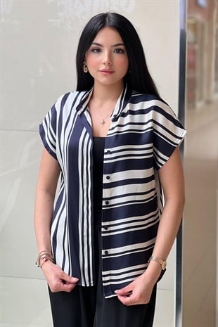 On Fashion Yarısı Dikey Yarısı Yatay Çizgili Kolsuz Bluz