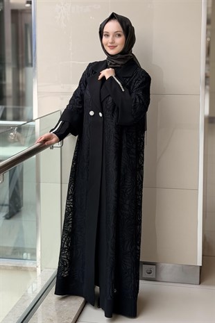 Matex Kruvaze Yaka İç Elbiseli Yakma İkli Abaya Takım