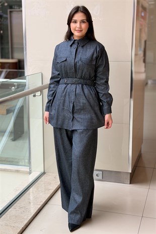 Ceremony Beli lastikli Kemerli Denim Keten Gömlek