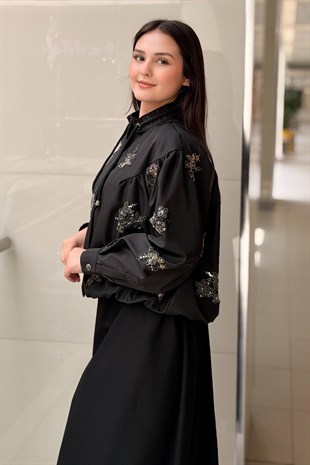 Ghisa Çiçek Boncuk İşlemeli Yaka İp Detaylı Ceket