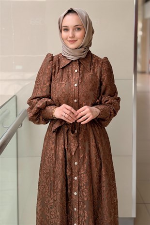 Matex Önden Düğmeli Kuşaklı Yakma Abiye Elbise