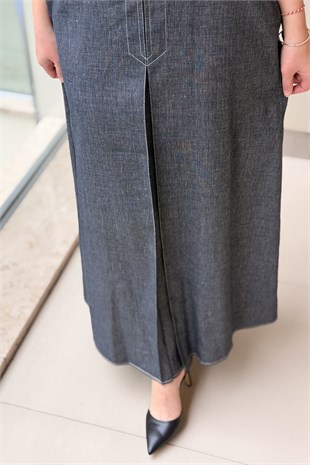 Ceremony Önü Plikaşeli Denim Keten Etek