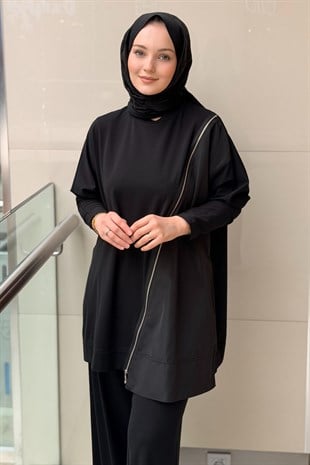 Nurcan Çetin Çapraz Fermuar Detaylı Tunik Pantolon Takım