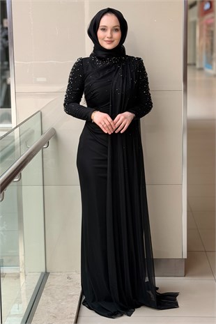 Fashion Night Kolları Taşlı Şifon Tül Abiye Elbise