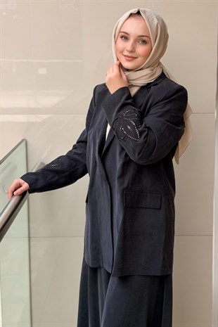 Kahma Arkası Ve Kolu Lazer Kesim Detaylı Ceket Pantolon Takım