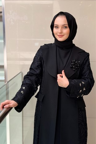 Matex Kruvaze Yaka Kol Uçları Taşlı Yakma Kap Uzun Kollu İçlikli B.Beden İkili Abaya