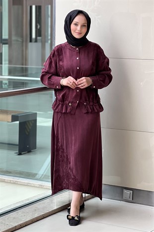 Ghisa Etnik Desenli Düğmeli Nervürlü Tunik Etek Takım