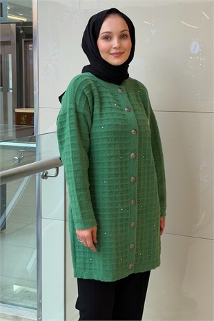 Nuss Kendinden Kare Desenli Taş İşlemeli Broşlu Çıtçıtlı Angora Hırka