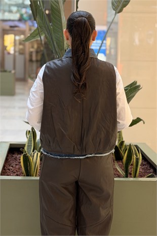 Twist Denim Mix Deri Görünümlü Yelek