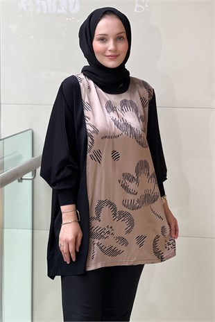 Ghisa Saten Triko Kombinli Desenli Tunik