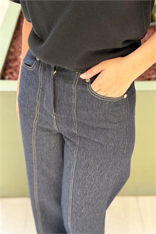 Ceremony Önü Boydan Kesikli Örme Denim Pantalon