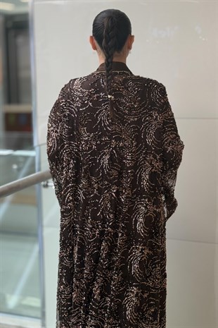 Matex Pul Payetli Önü Açık İçli Dışlı Elbiseli Abaya