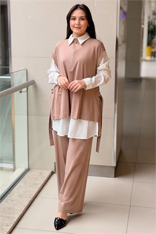 Nurcan Çetin Yaka Yarım Fermuarlı Kolsuz Tunik Gömlek Pantolon 3Lü Set Takım