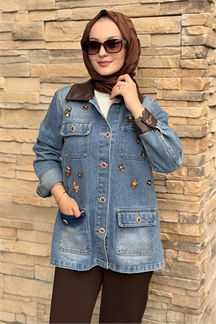 Mahal Yaka Ve Kol Ucu Deri Detaylı Boncuk İşlemeli Denim Ceket