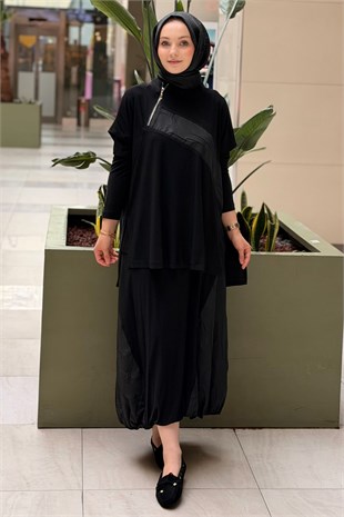 Nurcan Çetin Çapraz Fermuar Detaylı Kolsuz Tunik İçlik Etek 3lü Takım