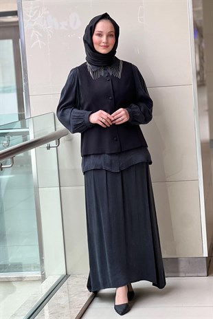 Qül Exclusiev Gömleği Zincir Detaylı Yelekli Kupra 3lü Takım
