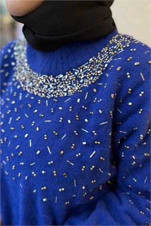 Nuss Sıfır Yaka Serpme Boncuk İşlemeli Angora Tunik