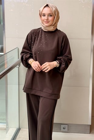 Nuss Omuzu Serpme Taşlı Tunik Pantolon Takım