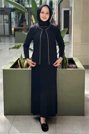 Ghisa Kolsuz İçlikli Zincir Detaylı Önü Açık Triko 2li Hırka