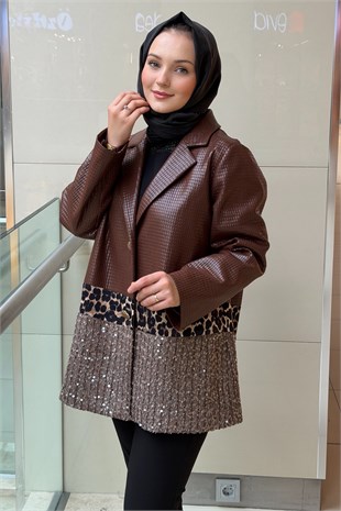 Ghisa Kare Desenli Pul Payet Ve Leopar Detaylı Deri Ceket