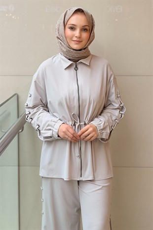 Ghisa Bağ Detaylı Önden Fermuarlı Bel Büzgülü Kap Pantolon Takım