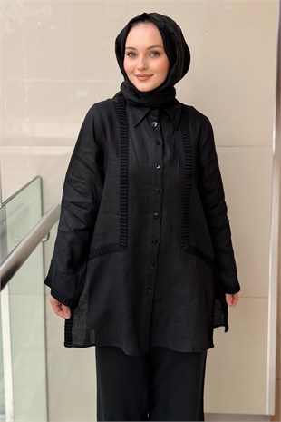 Missdalida Triko Tıktaklı Keten Gömlek Pantolon Takım