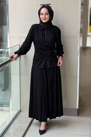Ghisa Kuşak Aksesuarlı Gömlek Nervürlü Etekli Takım