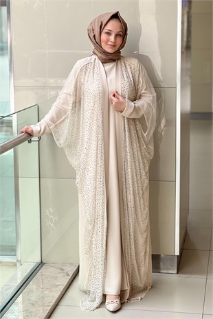 White Corner Taş İşlemeli Tül Abaya