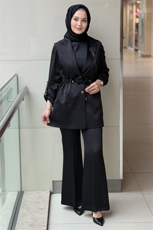 Matex Kruvaze Yaka Bel Büzgülü Broşlu Ceket İçlik Pantolon 3 Lü Set Takım