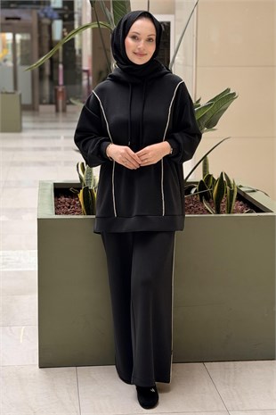 Nuss Kapşonlu Taş İp Detaylı Sweat Pantolon Takım