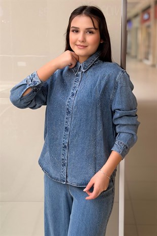 İpekyol Hotfix Baskılı Denim Gömlek