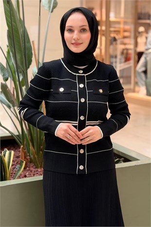 Ghisa Yuvarlak Yaka Yatay Çizgili Önden Çıtçıt Düğmeli Triko Hırka