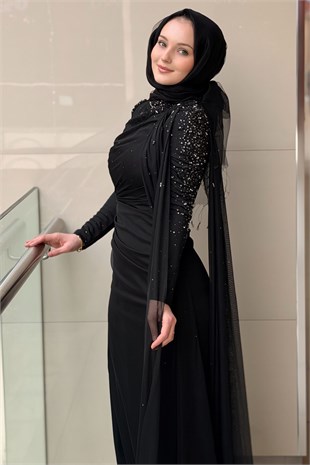 Fashion Night Kolları Taşlı Şifon Tül Abiye Elbise