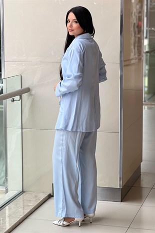 Mahal Casual Kruvaze Yaka Bel Bağlı Cepli Ceket Pantolon Takım