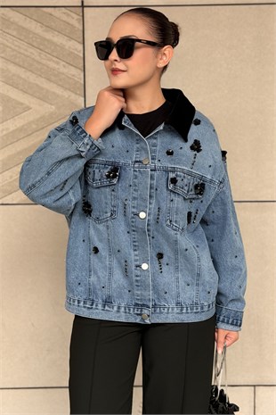 Mahal Yakası Kadife Detaylı Boncuk İşlemeli Denim Ceket