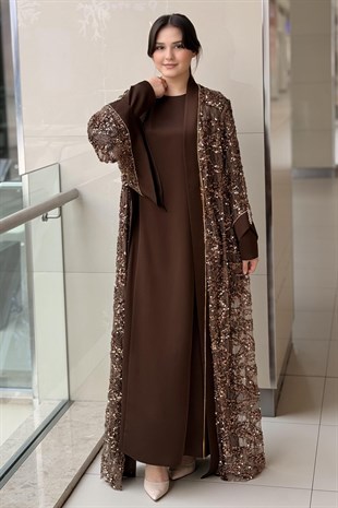 Matex Pul Payetli Önü Açık İçli Dışlı Elbiseli Abaya