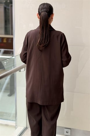 Tığ Triko Yaka Detaylı Blazer Ceket Pantolon Takım