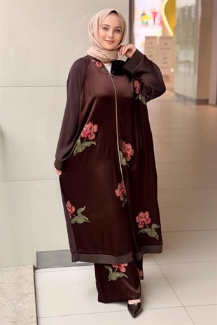 Ghisa Gül Nakışlı Kumaş Mix Kap Pantolon Takım