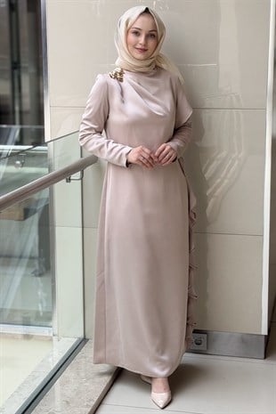 Matex Yanı Fırfır Detaylı Abiye Elbise