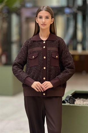 Ghisa Cep Detaylı Sim İipli Triko Hırka
