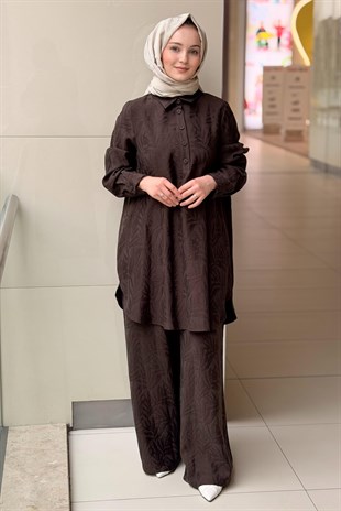 Nurcan Çetin Kendinden Yaprak Desenli Tunik Pantolon Takım